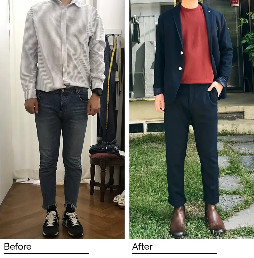 Client transformation wearing a blue pant and blue jacket